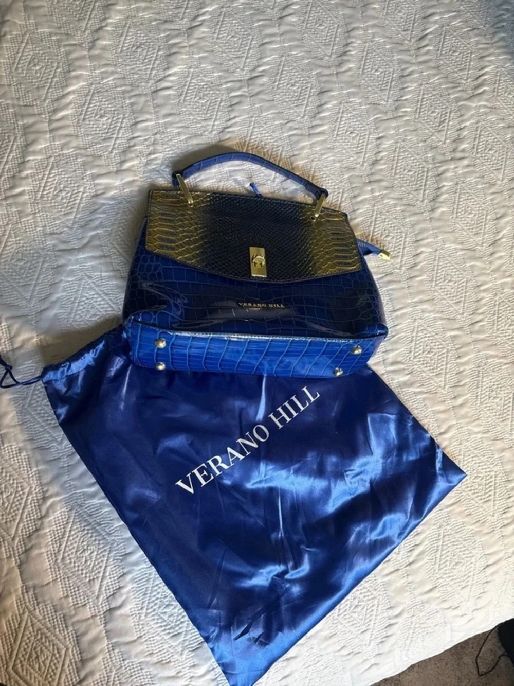 Verano Hill Blue Croc-Embossed Satchel with Gold Accent